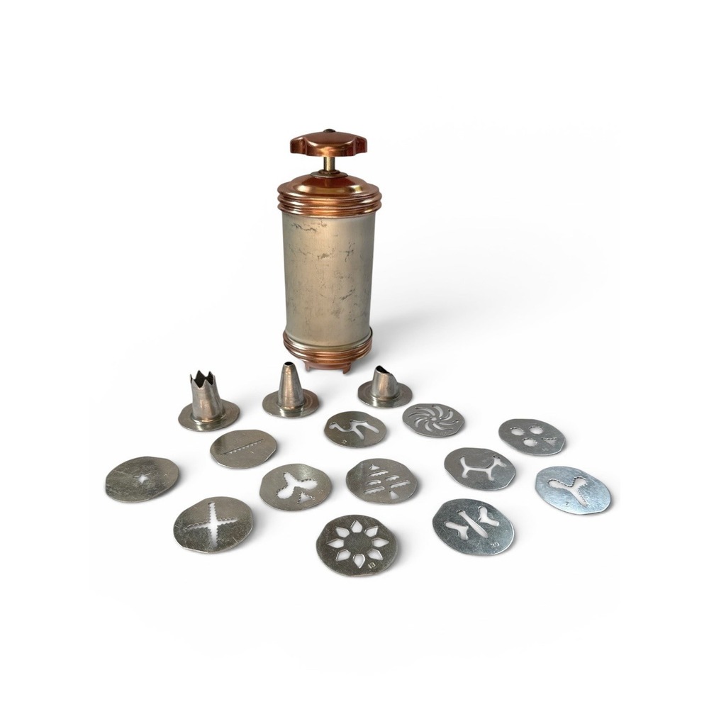 Vintage Mirro Aluminum Copper Cookie Press with 3 Tips and 12 Discs USA Made